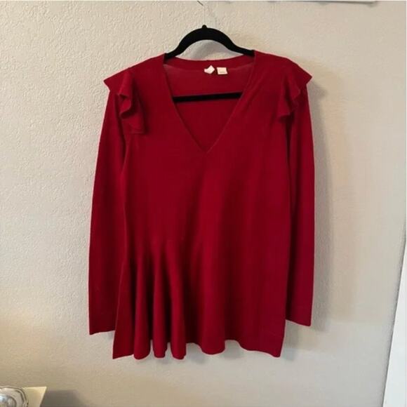 Anthropologie Moth Red Wool Ruffle V-Neck Sweater - Picture 3 of 9